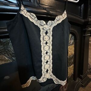 august silk Black Camisole with Cream Lace Trim